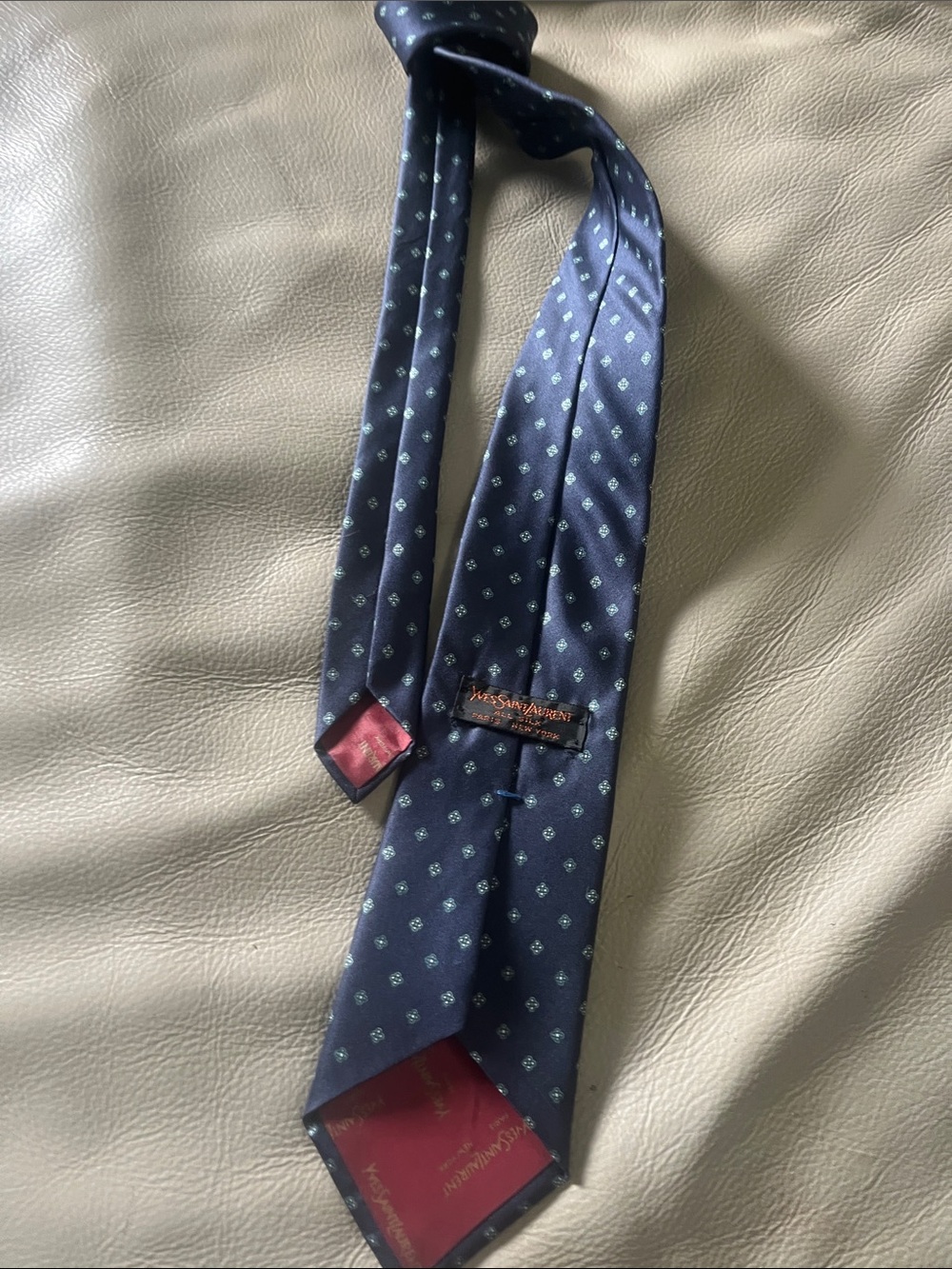 Vintage haute couture Yves Saint Laurent Navy Silk Tie with Light Blue Motif